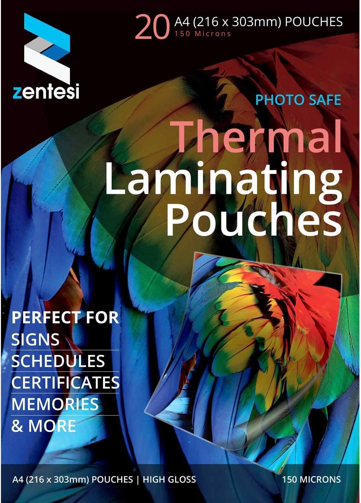 ZentesiA4 Laminating Pouches High Gloss Laminator Sleeves 150 Micron (75 + 75 Microns) Glossy Laminate Pouch Sheets - Pack of 20
