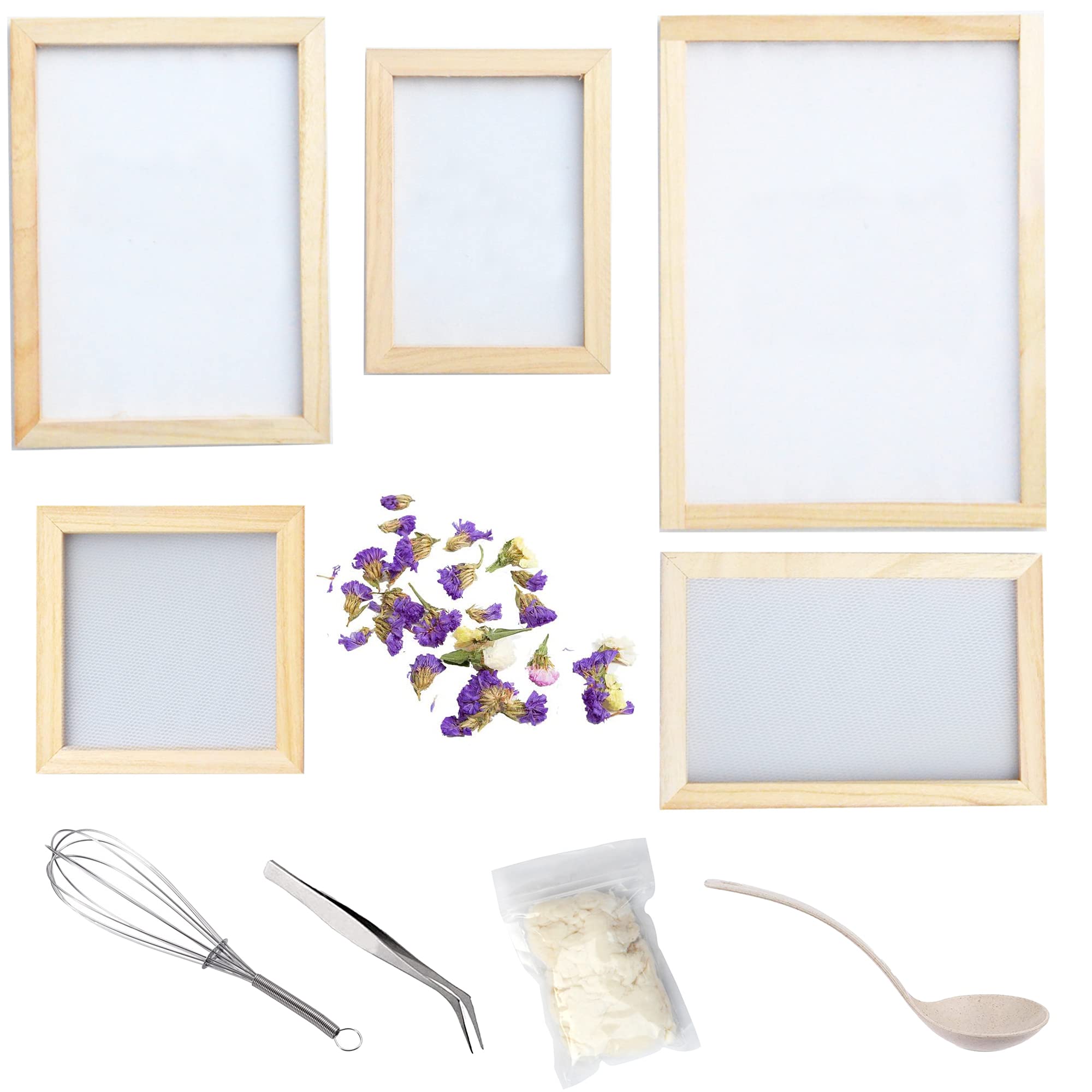 Cayway 11 Pack Paper Making Screen Kit Include 5 PCS Wooden Paper Making Mold Frame, Dried Flowers, Replace Mesh Cloth, Spoon Stirrer and Tweezers for DIY Dried Flowers Craft