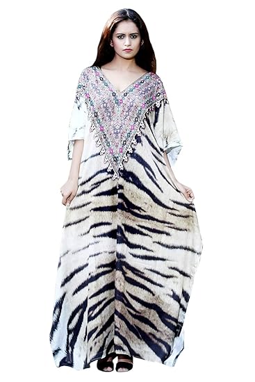 Silk Kaftan Animal Print Full Length Jeweled Kaftan Dress