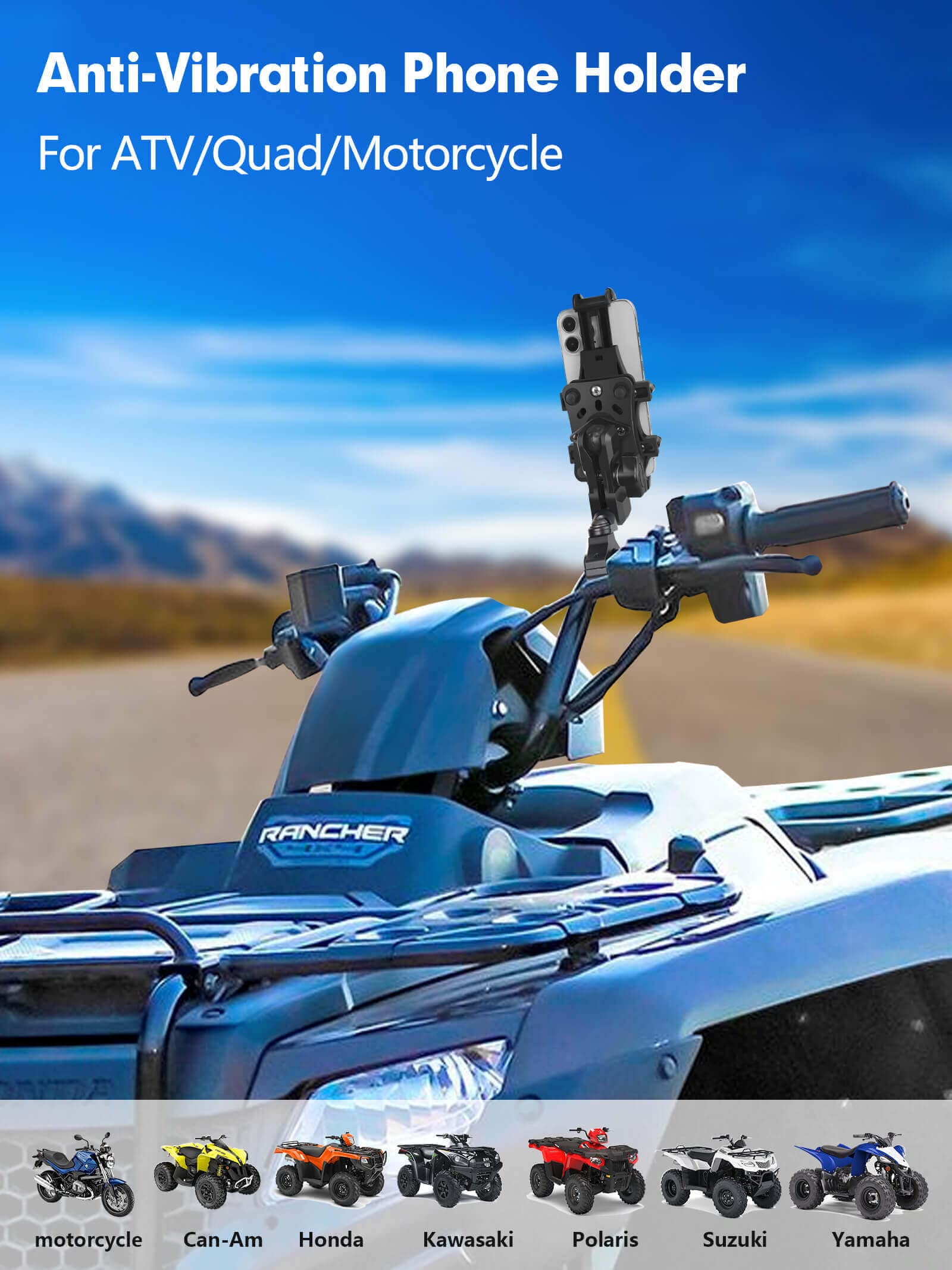 Motorcycle ATV Phone Holder, Aluminum Heavy Duty Phone Mount for Motorcycle Universal 7/8