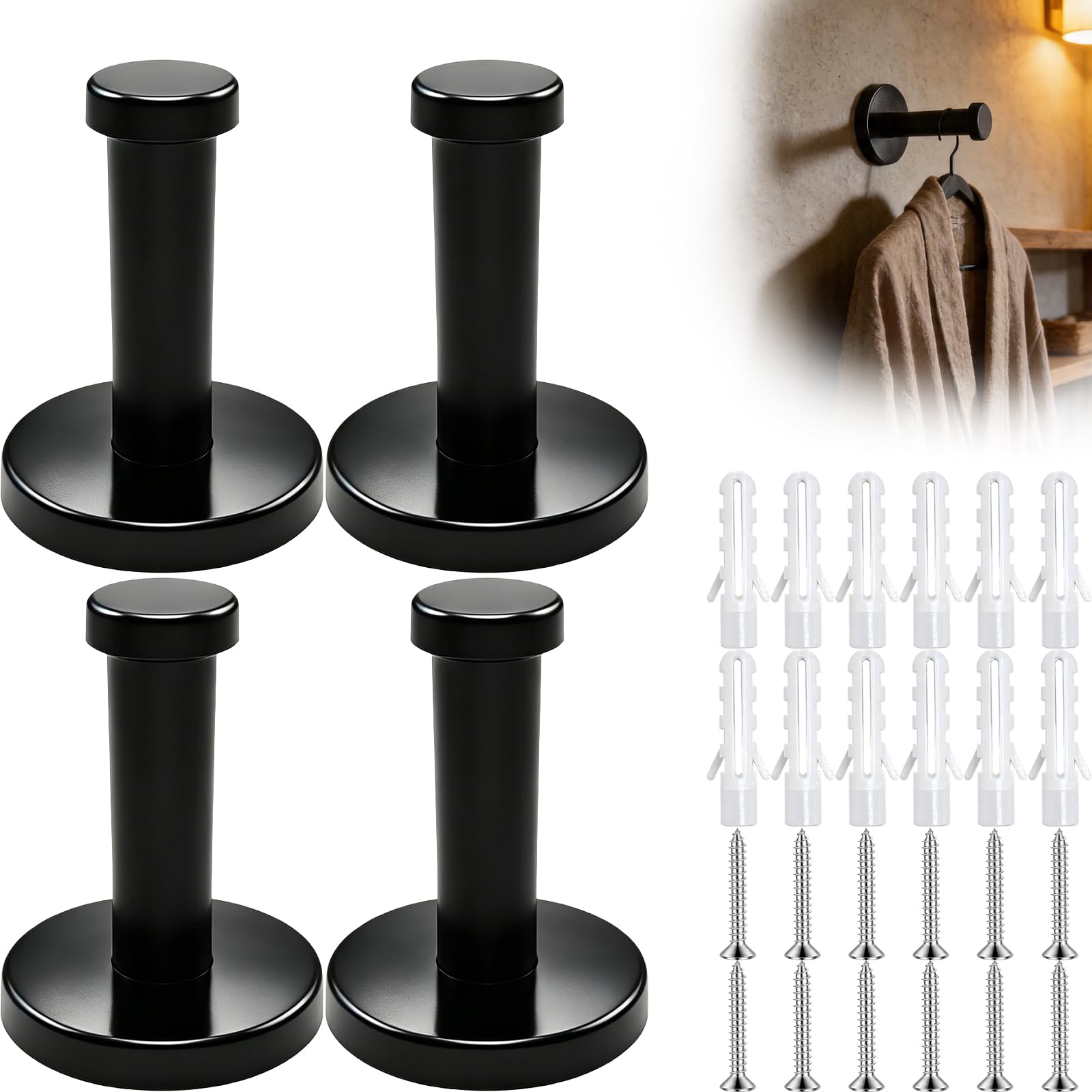 HAOCHEN 4 Pcs Black Round Wall Hooks, Bathroom Towel Hooks, Stainless Steel Concealed Coat Robe Hooks Wall Mounted Heavy Duty for Bathroom/Kitchen/Bedroom Hotel Hooks, with Fixing Screws