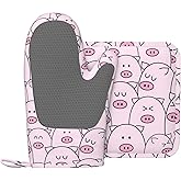 Cute Pig Abstract Pink Oven Mitts and Pot Holders Set of 2 Silicone Heat Resistant Oven Mitten Potholders Non Slip Gloves Kitchen Decor for BBQ Cooking Grilling Baking