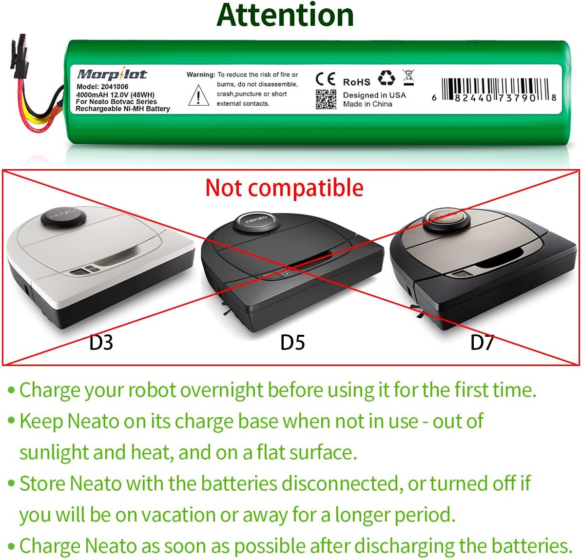 Morpilot 12V 4000mAh NiMh Battery for Neato Botvac Series 70e, 75, 80, 85 Robotic Vacuum 945-0129 945-0174 (Not compatible with Neato D3 D5 D7): Home & Kitchen