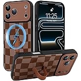 SOKAD Magnetic Checkered Case for iPhone 17 Pro with Finger Strap Kickstand, Compatible with Magsafe, Cute Checkerboard Designed for Women Men, Full Camera Protection Cover, Brown