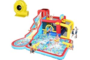 AKEYDIY Inflatable Water Slide for Kids, 10-in-1 Water Bounce House Backyard Waterpark with Long Water Slide & Large Splash Pool Wet Dry Combo for Kids Outdoor Party Gifts, Includes 620w Blower