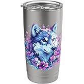 Wolf With Flowers Floral Wolf Nature Bloom Aesthetic Stainless Steel Insulated Tumbler