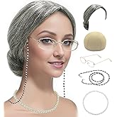 Cupohus Old Lady Costume 5pcs Set Grandma Granny Wig
