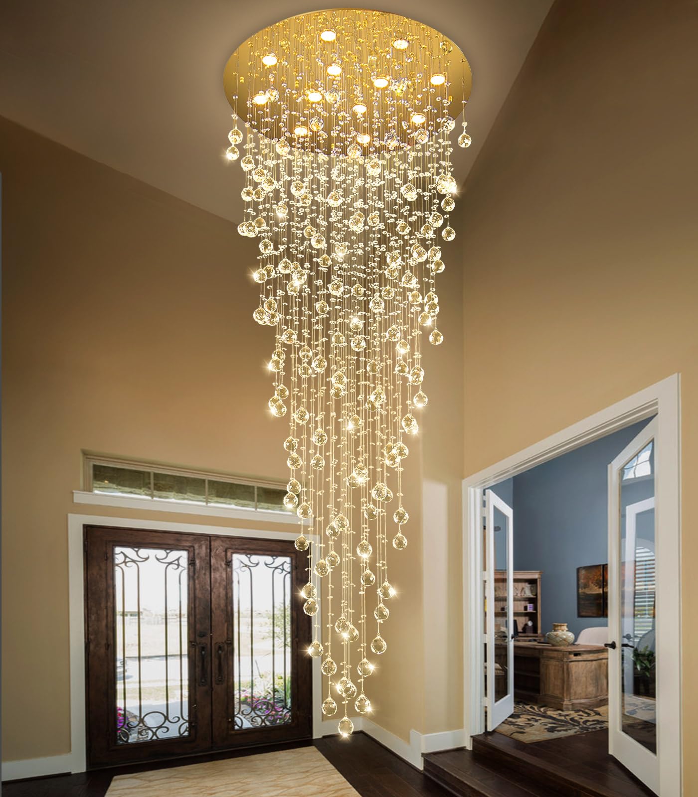 Photo 1 of ***misssing parts****   cenozo 98'' Modern Crystal Chandelier for Entryway Raindrop Chandeliers LED Dimmable High Ceiling Flush Mount Light Fixtures for Staircaes Hallway Foyer Living Room LED Bulbs Included Gold