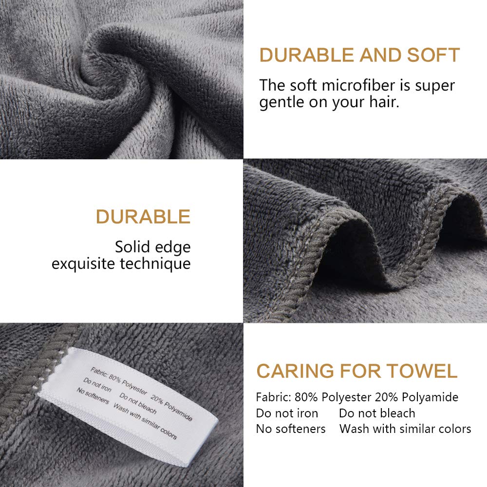 SUNLAND Microfiber Hair Drying Towel 2 Pack Super Absorbent Quick Dry Magic Hair Turban for Drying Long Hair Soft and Large 20 inch X 40 inch Grey: Home & Kitchen