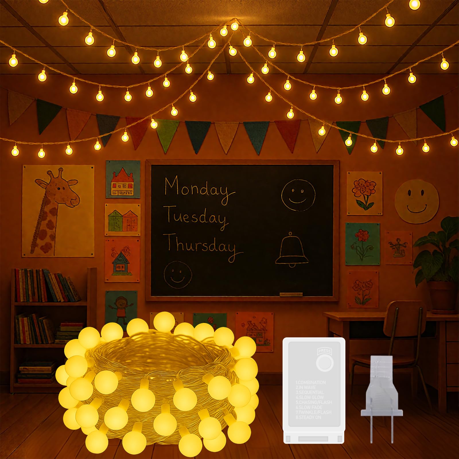 Photo 1 of 100 LED Hanging String Lights for Classroom – 33ft Plug in Fairy Lights with 8 Modes, Warm White String Lights for Classroom Decor, Teacher Supplies, Bulletin Board, Wall Display & School Decorations