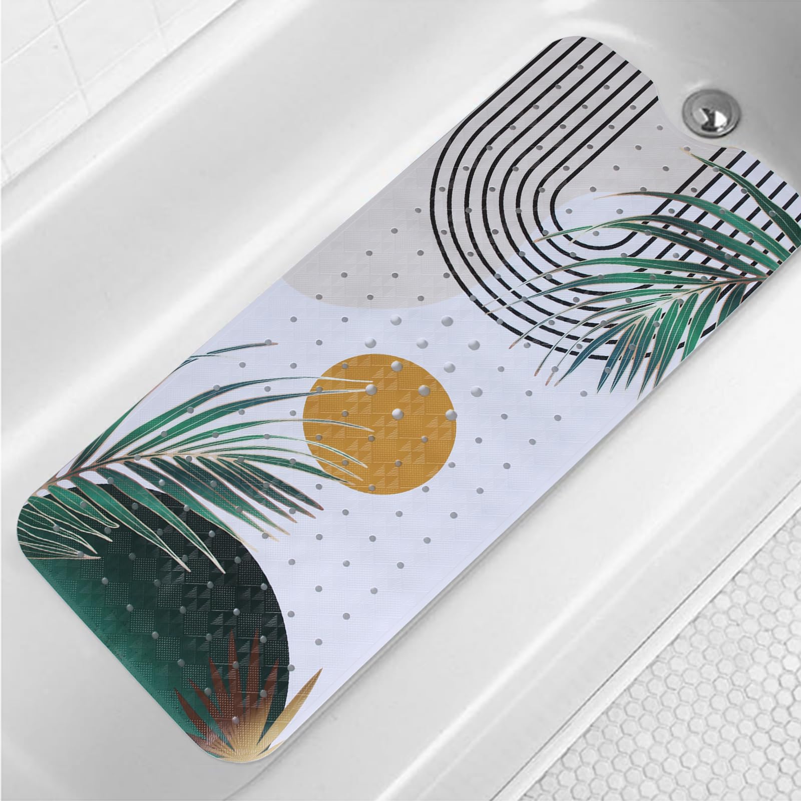 Boho Bathtub Mat Non Slip 40x16in Palm Leaves Extra Long Bath Mat for Tub Bohemian Abstract Art Anti Slip Shower Mat for Bathroom with Large Drain Holes and Suction Cups Quality Bath Mats Decor