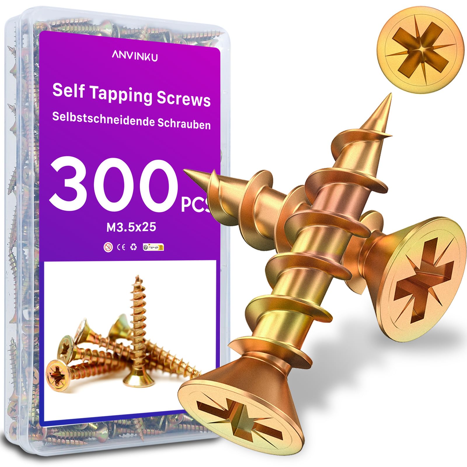 ANVINKU Wood Screws 300 Pcs, M3.5 x 25mm, Zinc, Countersunk, Self Tapping, Assorted for Furniture Repairs