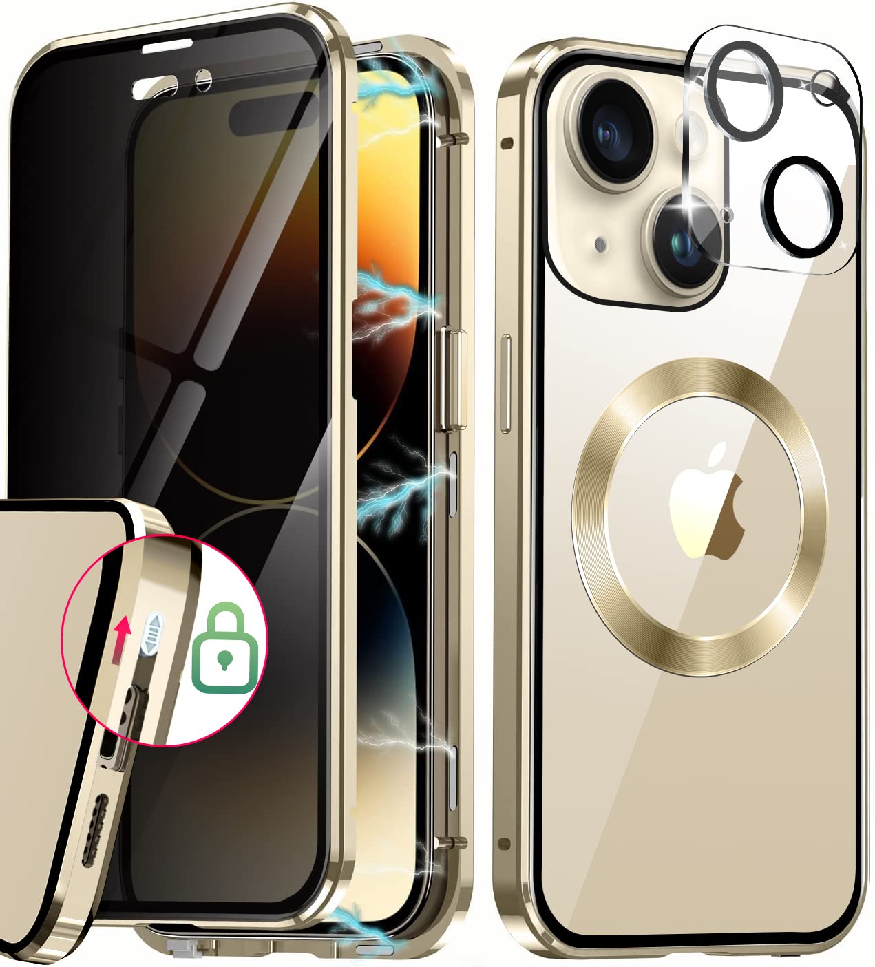 Photo 1 of [CD Loop+Safety Lock] Magnetic Case for iPhone 14 Case,[Privacy Screen with Camera Lens][Electroplating Metal Bumper] Double Sided 9H Glass Compatible with MagSafe Case for iPhone 14