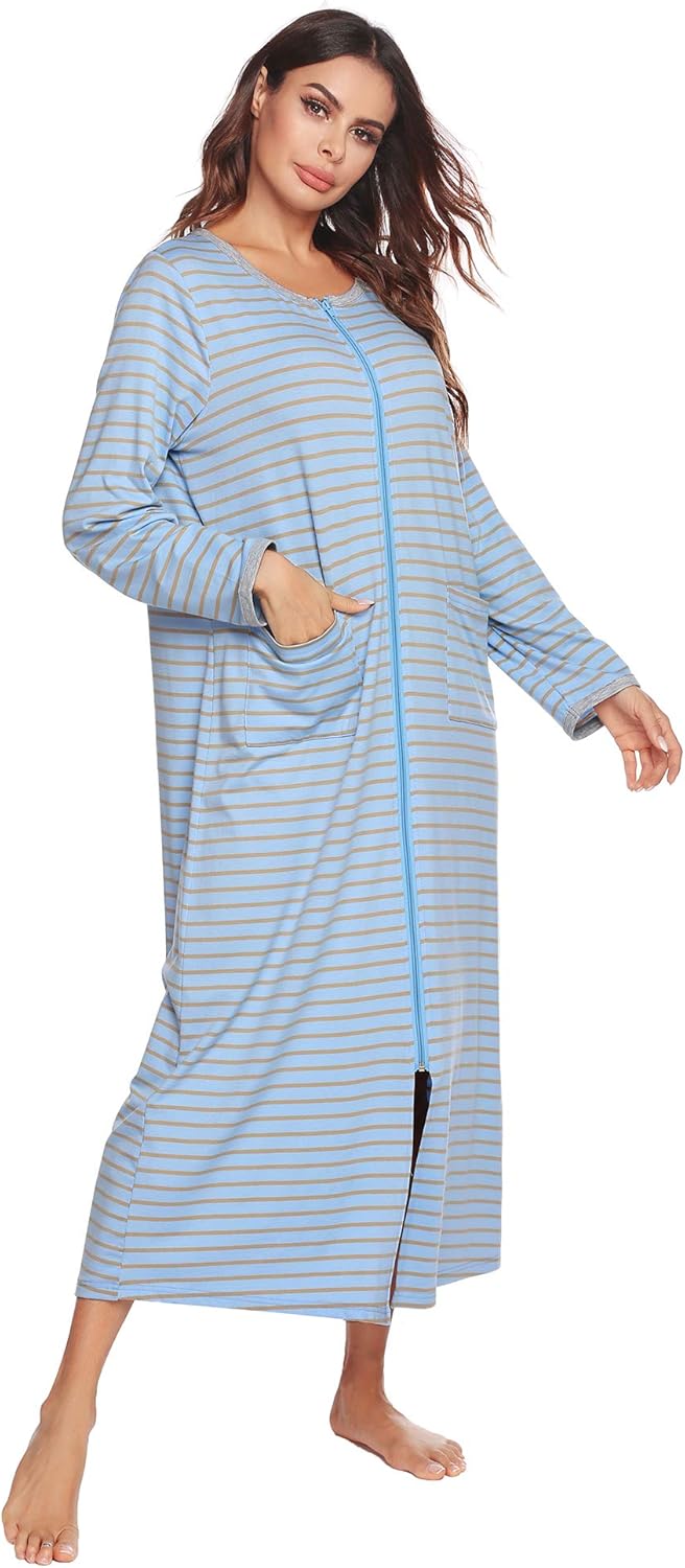Ekouaer Women Long House Coat Zipper Front Robes Full Length Nightgowns with Pockets Striped Loungewear