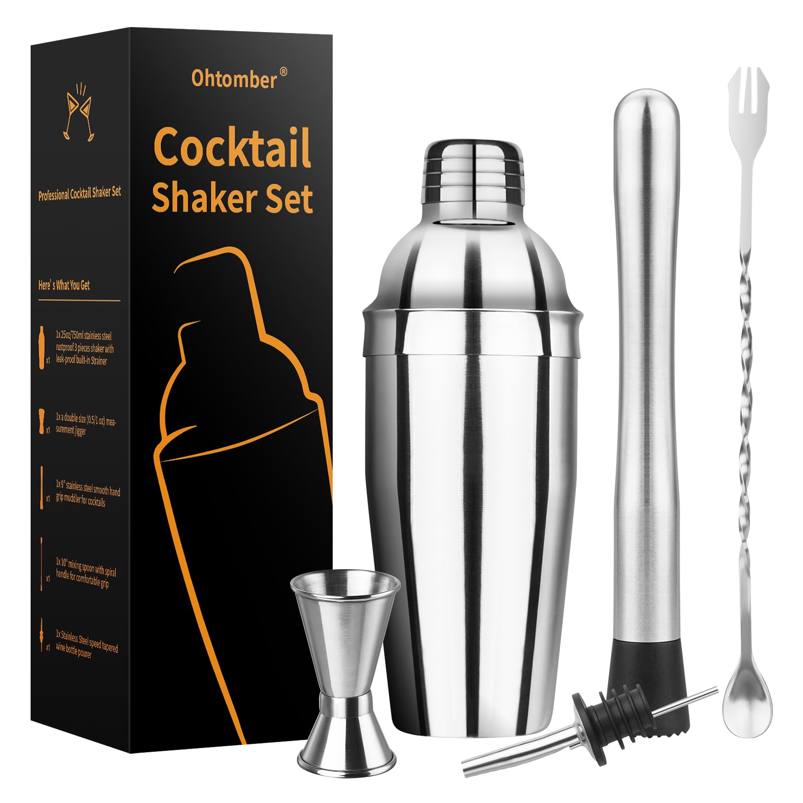 Ohtomber Cocktail Shaker Bartender Kit - 5PCS Cocktail Martini Shaker with Strainer, Muddler, Bar Spoon, Measuring Jigger for Bartending and Liquor Bottle Pourers, Drink Mixer Bar Tools