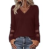 MEROKEETY Womens Long Sleeve Tops 2025 Trendy Fall Winter V Neck Ribbed Sweaters Casual Shirts Blouses