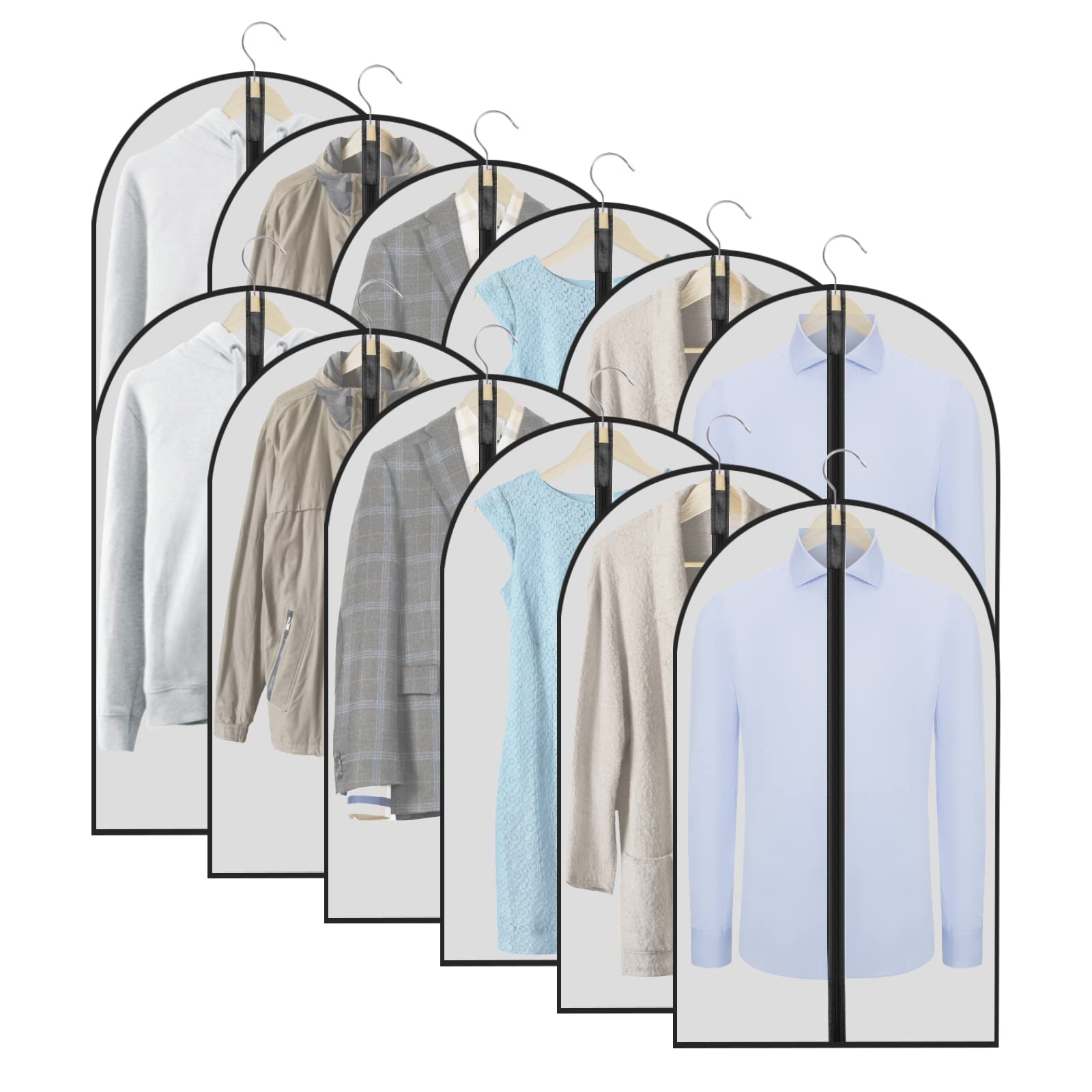 Garment Bags 12 PCS Plastic Clothes Covers Protector Bags Translucent Suit Cover Carrier for Men Women with Zip Waterproof Dustproof Moth Proof Clothes Bags for Wardrobe Storage 24 x 40 inch