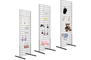 NEESEEYEE 2' x 6' Grid Wall Panel Floorstanding Display Fixture with Deluxe T-Style Base, Black. Three-Pack Combo.