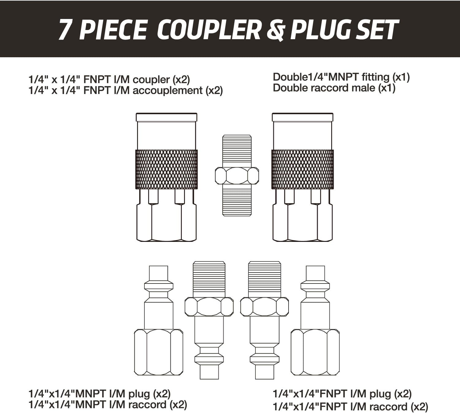 WYNNsky Air Coupler and Plug Kit, 1/4 Inch NPT Air Fittings Industrial Type, 7 Piece Air Compressor Accessories Kit - - 