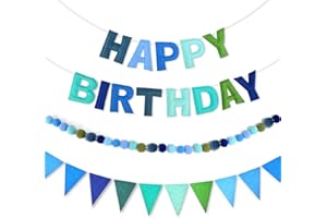 CANREVEL Pre-Strung 3D Happy Birthday Banner, 3 PCS Blue Felt Garland, Pom Pom Garland, Triangle Fabric Bunting, Reusable Blue Birthday Decorations for Boys Men
