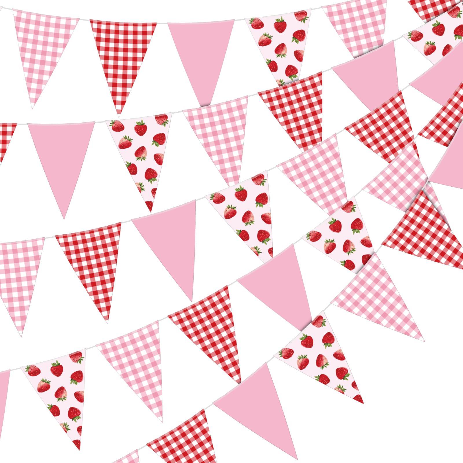 Photo 1 of Jetec 5 Pieces 49 Feet Strawberry Pennant Banners Party Decorations Red Berry Plaid Checkered and Pink Triangle Flags Bunting Banners for Strawberry Baby Shower Party Decor Indoor Outdoor Supplies