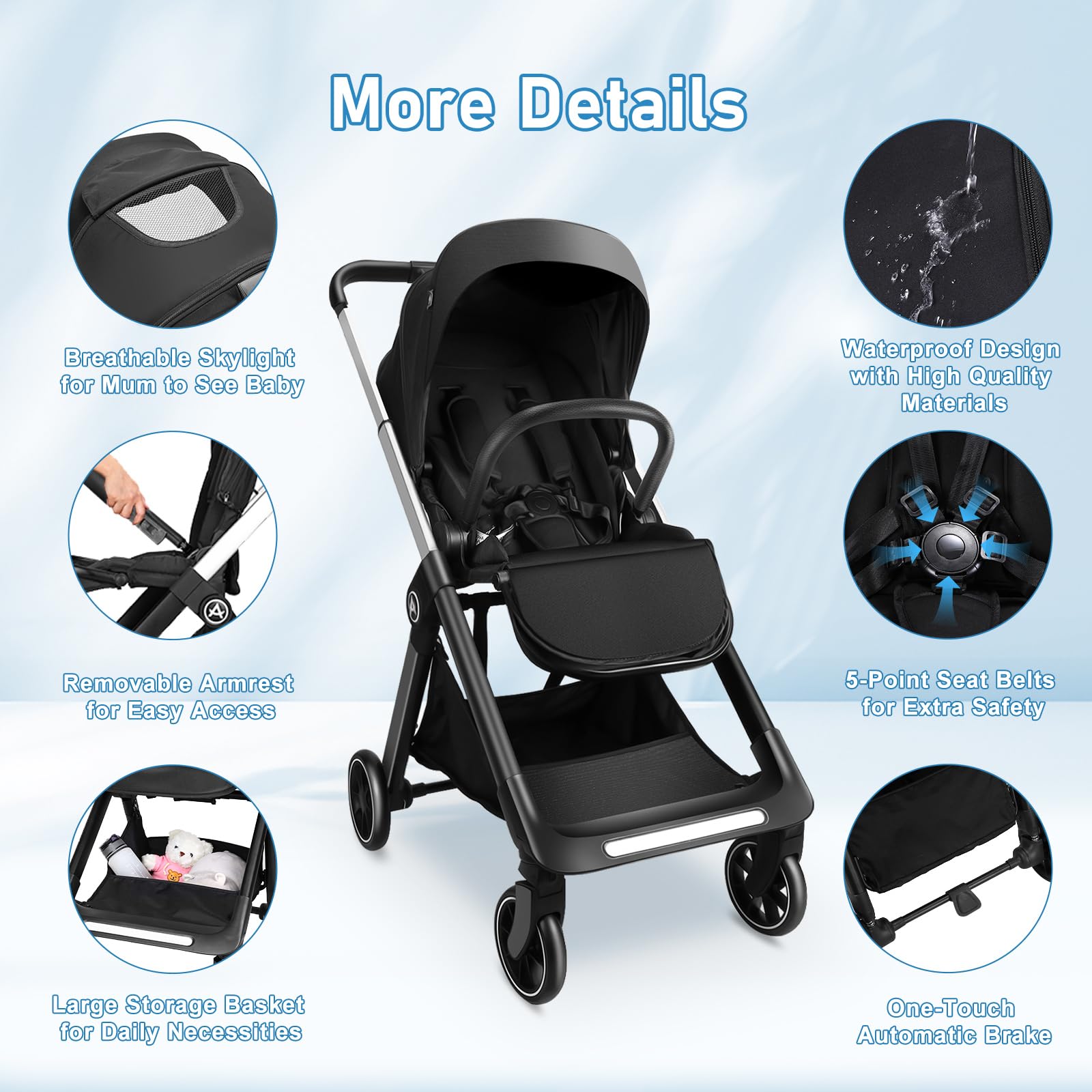 Reversible Baby Stroller, Foldable Toddler Stroller with Reversible Seat, Hidden Foot Cover & Sleep Shade, 4-Wheel Shock- Absorbing, Infant Pram Pushchair for 0-3 Year Old (Max 22KG)