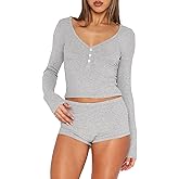 ForeFair Women 2 Piece Ribbed Knit Pajama Set Button Long Sleeve Tops and Shorts Lounge Sweatsuits Y2k Sleepwear PJ Set