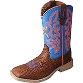 Twisted X Kid's Hooey Western Cowboy Boot, New Wide Square Toe, Cognac Bullhide & Neon Blue, 3.5 M