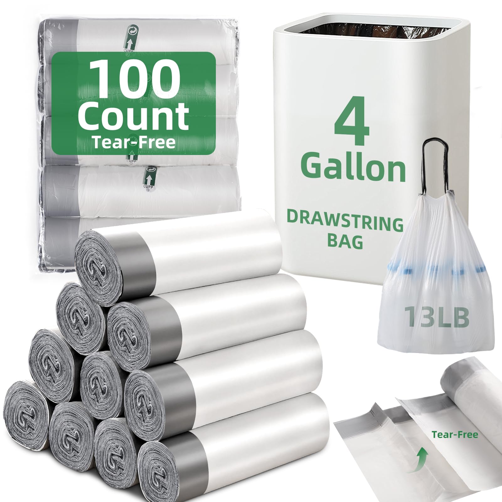 Photo 1 of 100 Counts 4 Gallon Trash Bag Drawstring Small Trash Bags, Thick Pre-separated Garbage Bags, Trash Bin Liners, Suitable for bathroom, kitchen, bedroom, office (White)