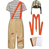 Ramede 9 Pcs Adults Halloween Sitcom Costume Set Striped T-shirt Pants Hat Suspenders Repair Patch for Cosplay Outfits
