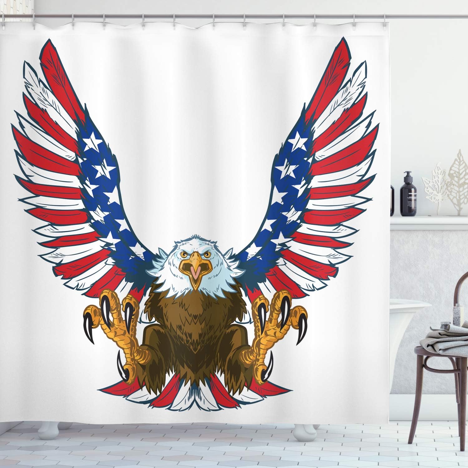 Amazon Com Ambesonne Americana Decor Shower Curtain Mean Screaming Bald Eagle Flying Toward American Flag As Spread And Talons Out Wings Design Fabric Bathroom Set With Hooks 84 Long Extra Blue Home