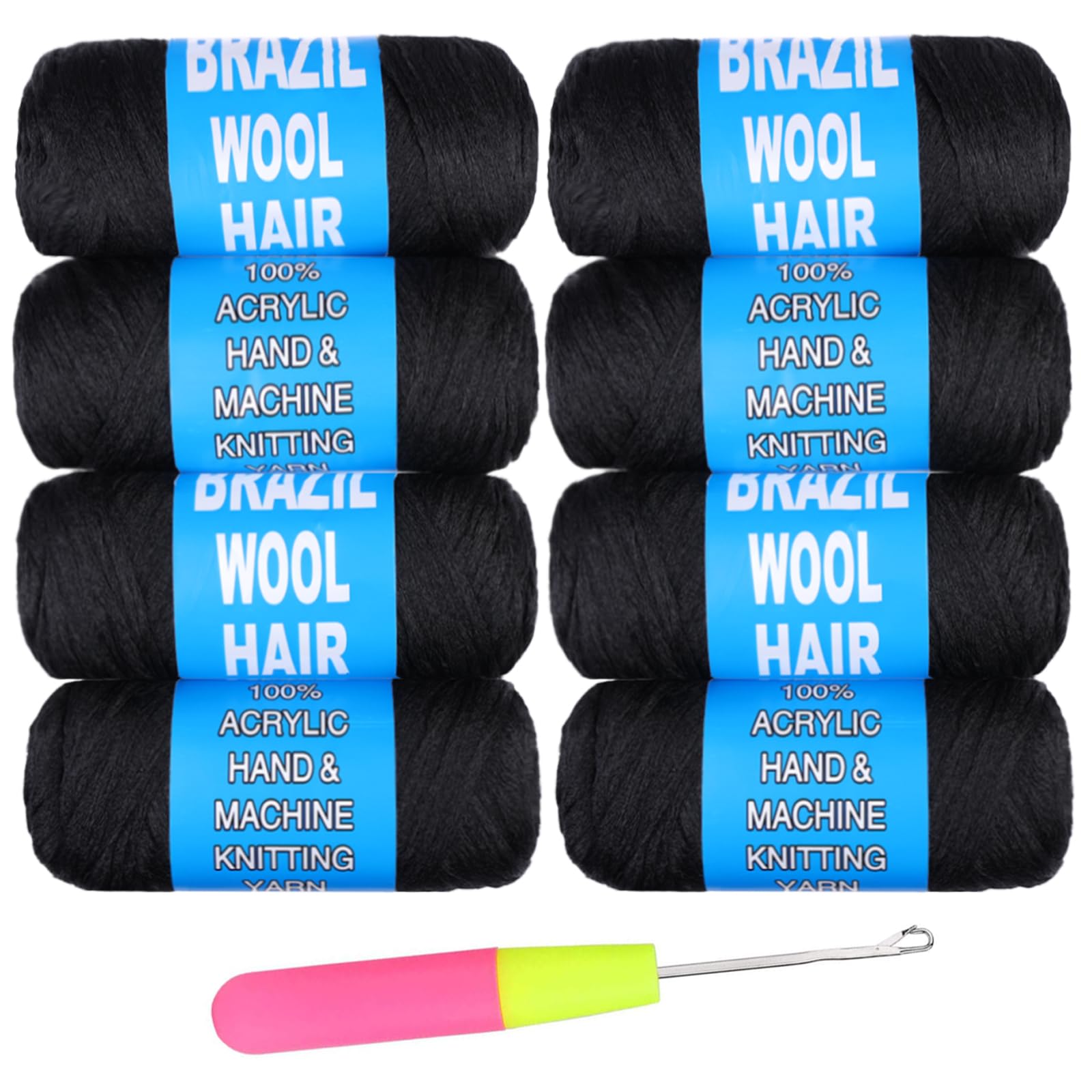 Samtress Brazilian Wool Hair Acrylic Yarn 8 Roll Natural Black 100% Brazilian Wool Hair for Crochet Braids Faux Locs Knitting Hair Synthetic Fiber Hair Extensions (#Black) — image 1