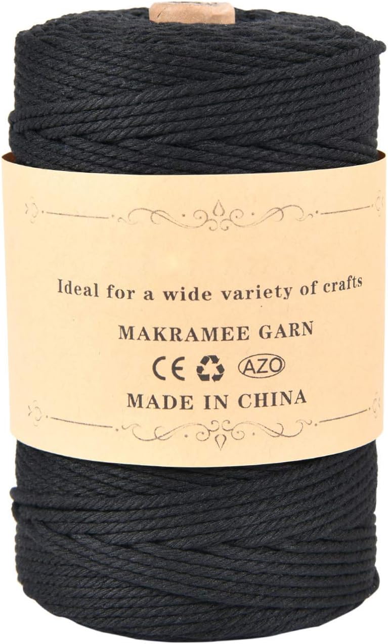 HUTHIM Makramee Garn 3mm x 200 m, Baumwollgarn aus 4-Lagiger Weicher Kordel, Baumwollkordel für Makramee Blumenampel, DIY Pflanze Aufhänger Kordel Handwerk Basteln Wanddeko (Schwarz), MEHRWEG