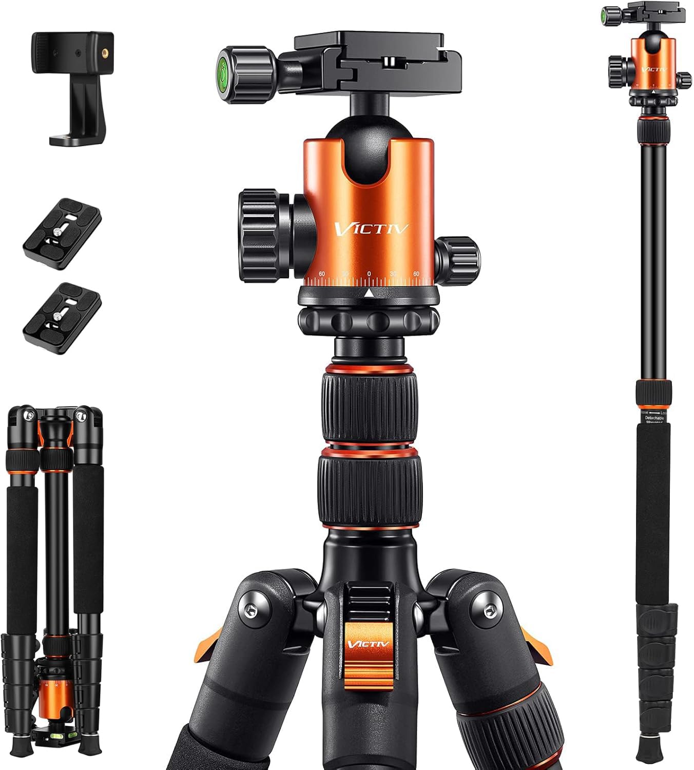 Victiv Camera Tripod Aluminum 81 inch, Tall Monopod for DSLR with 36mm Ball Head, Heavy Duty Tripods Supports up to 22 lbs, Compact Travel Tripod with Phone Holder and Carry Bag – Orange