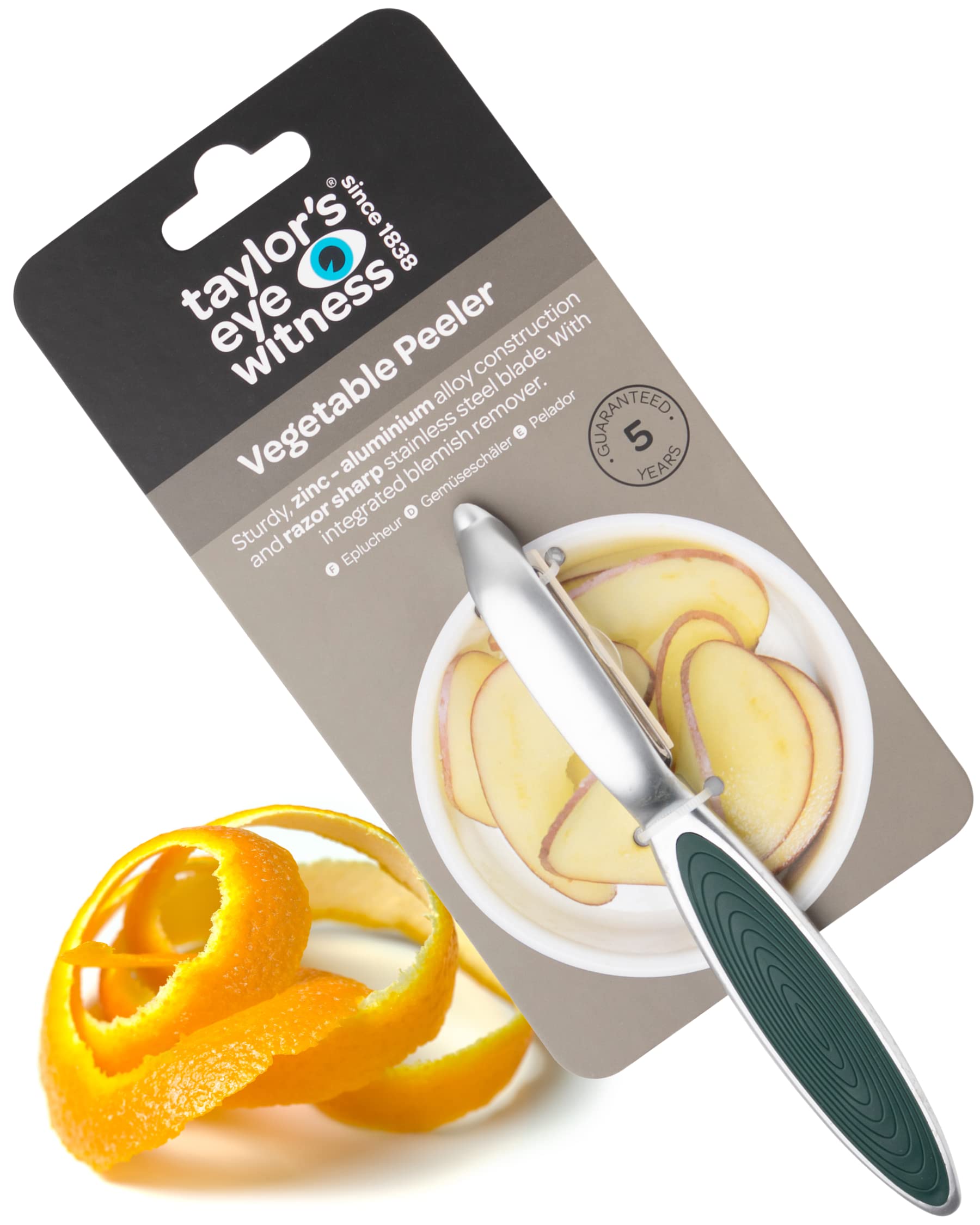 Premium Silver Straight Vegetable Peeler - Taylors Eye Witness, Great Kitchen Gadget, with Sturdy Zinc Aluminum Construction with Silver & Green Colour, Glides Easily Over Apple, Carrot Or Potato