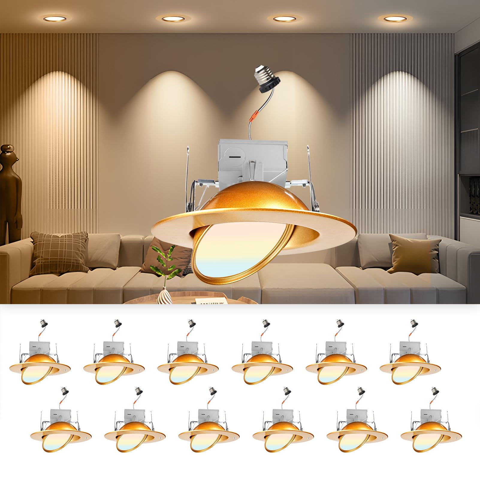 Photo 1 of Lightdot 6 inch LED Eyeball Can Light, Gimbal Swivel Recessed Light, CRI >90, 3000K/4000K/5000K Dimmable Recessed Ceiling Lighting Fixtures, Canless Design Replacement with Junction Box-Gold 12 Pack