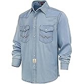 BOCOMAL Men's Denim Work Shirt Western Cowboy Cut Long Sleeve Pearl Snap Vintage Washed Soft Relaxed Fit Workwear(Non FR)