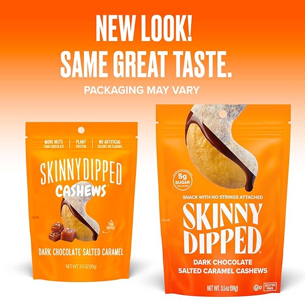 SKINNYDIPPED DARK CHOCOLATE SALTED CARAMEL CASHEWS, HEALTHY SNACK, PLANT PROTEIN, GLUTEN FREE, 3.5 OZ RESEALABLE BAGS, PACK OF 1