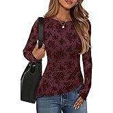 ZESICA Womens Floral Long Sleeve Shirts 2026 Spring Boat Neck Mesh Ruched Tops Fitted Asymmetrical Going Out Blouses