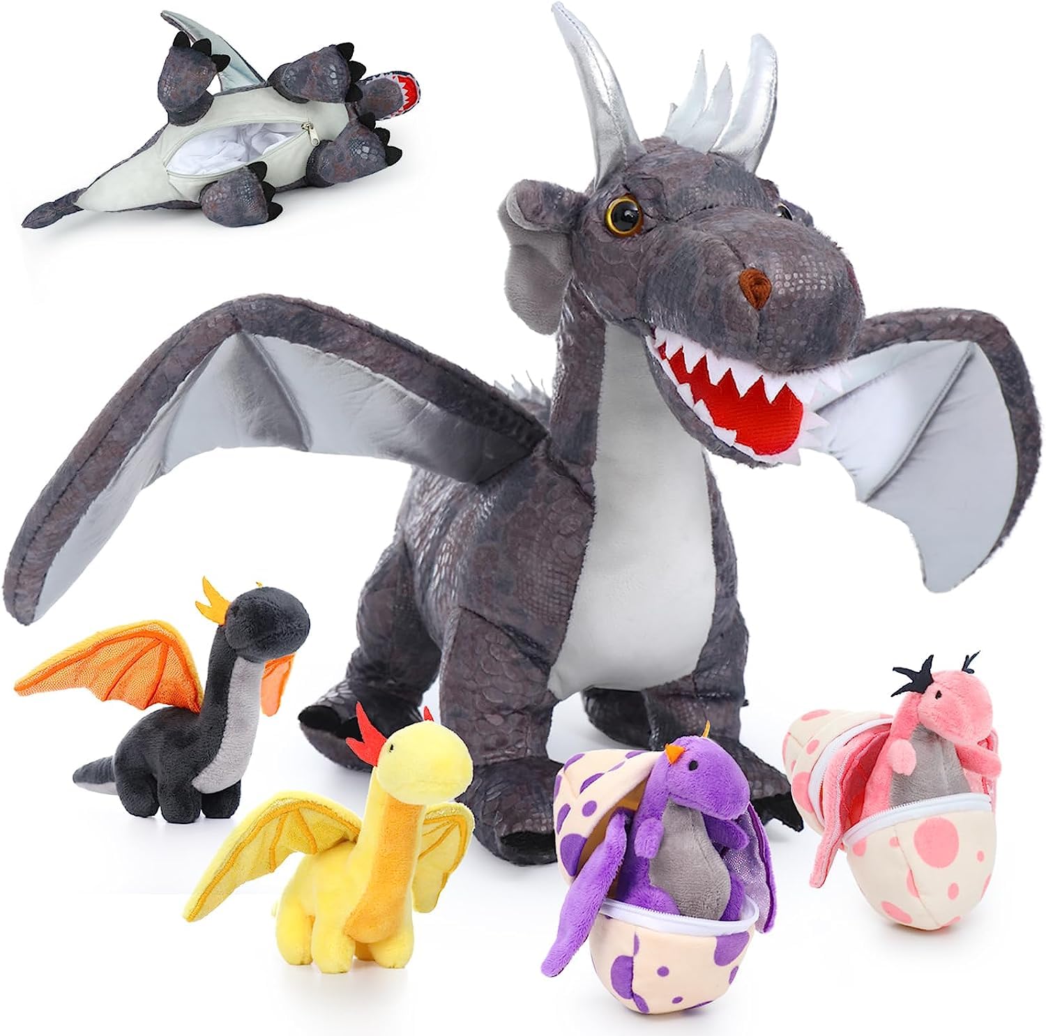 MorisMos 55cm Stehend Drache Kuscheltier mit Baby im Bauch, Grau Groß Plüschdrache Kuscheltiere XXL, Flauschiger Stofftier Plüschtier Dragor Dragon Teddys zum Spielen für Kinder 9