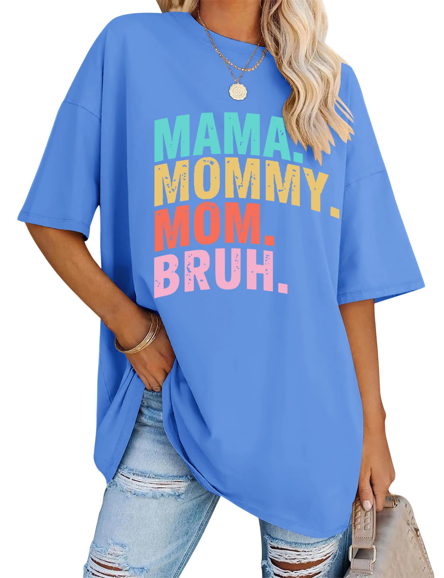 Photo 1 of LOMON Mama Shirt for Women Oversized Tees Short Sleeve Crewneck Summer Cute Tops Loose Casual Mom Bruh Shirts (Mama-Blue Multicolor Letter,3XL)
