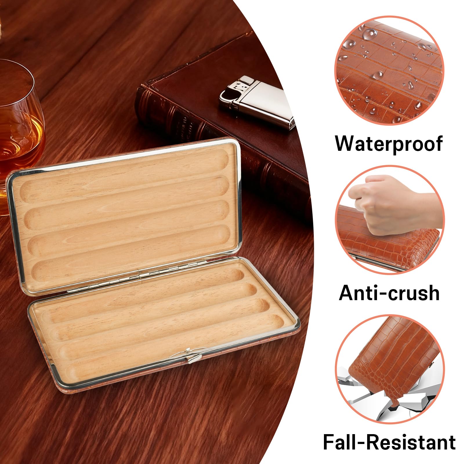 Travel Case Leather Surface Cedar Wood Lining, Durable Protect Box for Men Brown