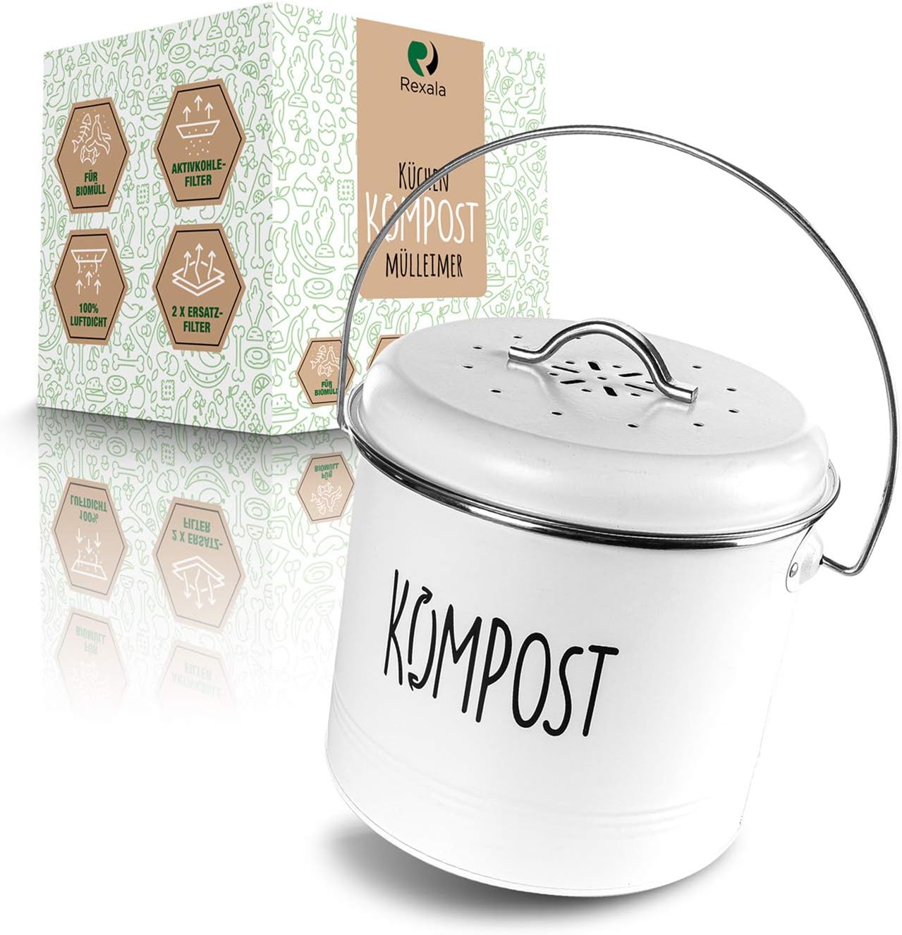 REXALA ® Bio Mülleimer – praktischer Komposteimer – Filterfunktion durch Aktivkohlefilter – 100% luftdicht – komfortable Schutzbeschichtung (Weiß)