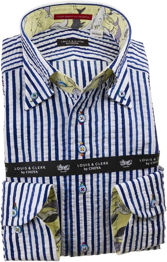 Amazon ルイス クラーク ドレスシャツ ワイシャツ シャツ メンズ 国産 長袖 綿100 ボタンダウン コンフォート 着丈短め ブルーストライプ シアサッカー 1912 M シャツ 通販
