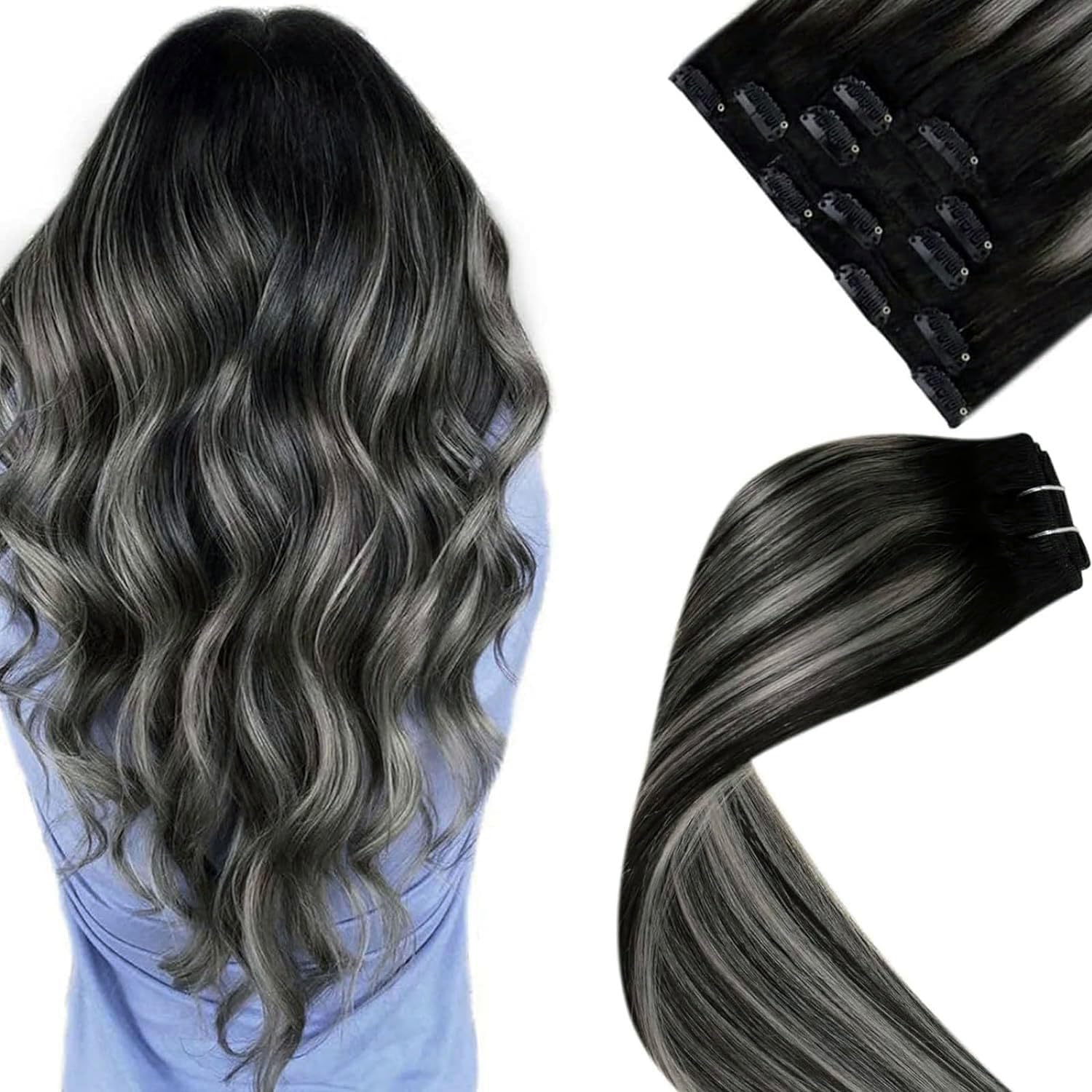LaaVoo Clip in Hair Extensions Real Human Hair Black Hair Extensions Clip in Straight Balayage Natural Black & Silver Remy Hair Full Head Double Weft 80g 5pcs 14 Inch #1b/s/1b