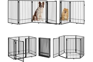 HIDOG Metal Freestanding Dog Gate with Door, Extra Wide 121", 31" Height Foldable Dog Gates for Doorways, Tall Pet Fence Indo