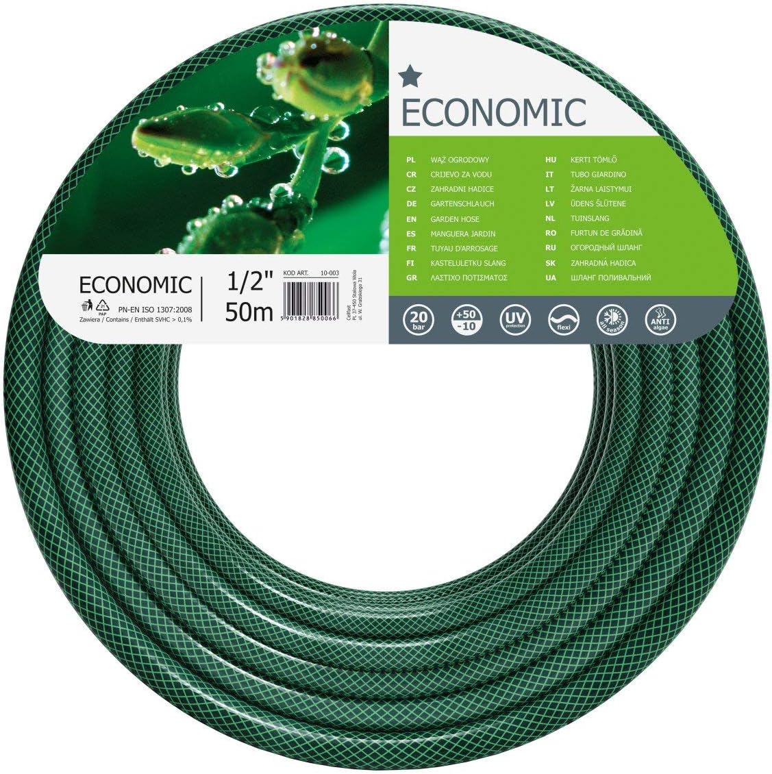 Cellfast Garden Economic 1/2” 50 m, Flexible and Three-Layer Hose, UV, Internal Part Resistant to Algae, 10-003, Green, 1/2" 50m
