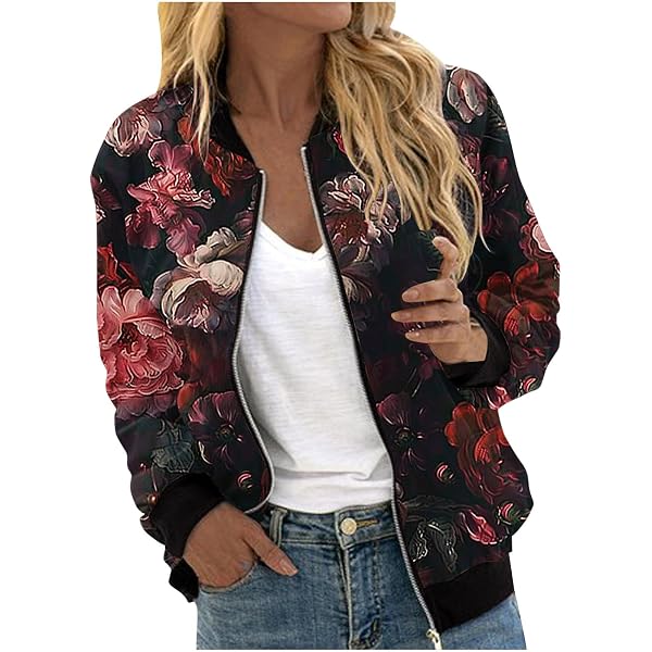 Bomber Femme Blouson Léger - Motif Floral - Veste D'été Et Mi-saison - Manches Longues - Taille Courte Veste D'été Légère Femme Bomber Femme Blouson Léger - Motif Floral - Veste D'été Et Mi-saison - Manches Longues - Taille Courte Veste D'été Légère Femme
