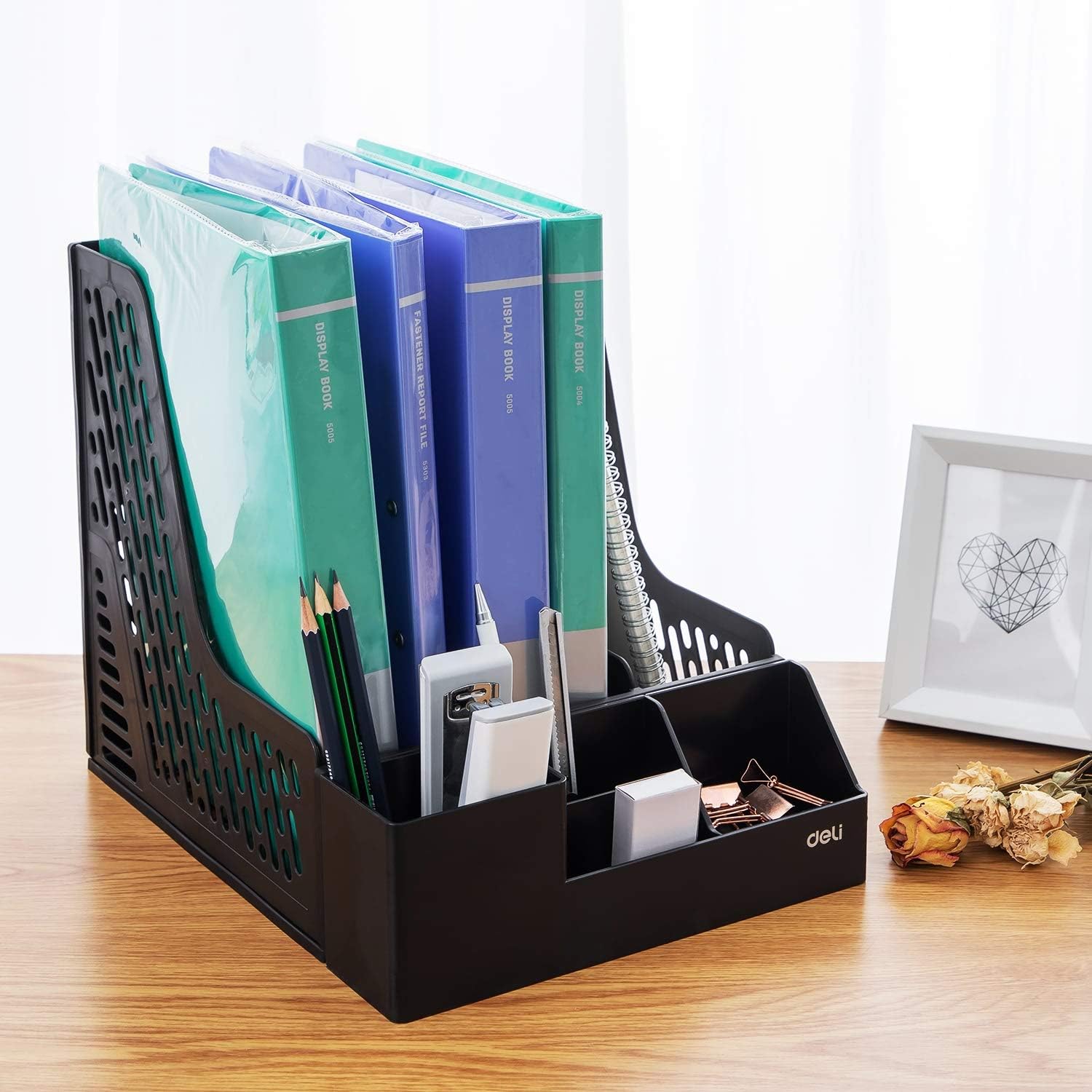 Deli Magazine File Book Holder Desktop Organizer Vertical Folder with Pencil Holder and Storage Baskets for Desk Accessories, 3 Compartments, Black : Office Products