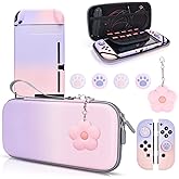 DLseego Pink and Purple Switch Case Set Gradient Carrying Case with 10 Slots Cute Protective Dockable Hard Shell with 4PCS Glitter Cat Paw Thumb Grips Caps and 1PC Flower Blossom Chain For Switch 2017